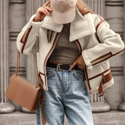 Blouson Femme Aviateur - Doublure Mouton - Col Large - Coupe Oversize - Look Vintage
