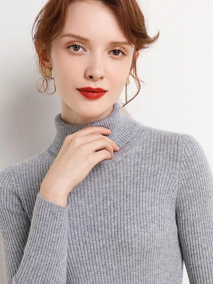 Femme Pull Col Roulé – Maille Côtelée – Coupe Ajustée – Manches Longues Élégantes