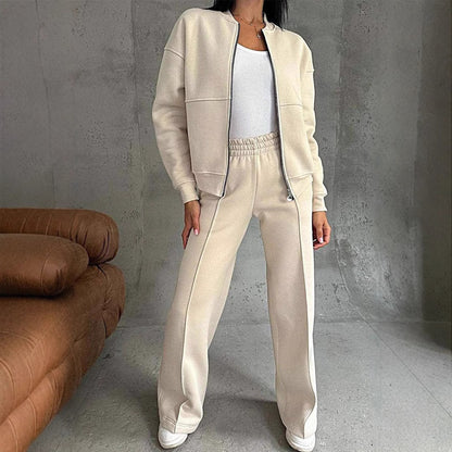 Ensemble Décontracté Femme - Veste Zippée Col Rond - Pantalon Taille Haute Coupe Large