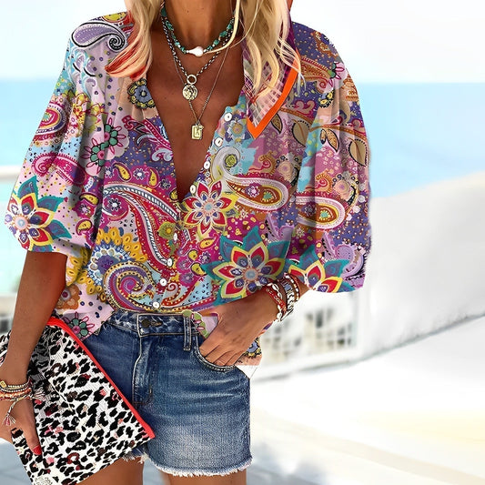Chemise femme – Coupe ample – Motif mandala – Décolleté en V