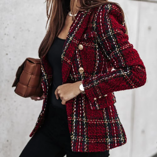 Blazer Femme - Tweed Structuré - Coupe Cintrée - Motif Carreaux Élégant - Boutons Dorés