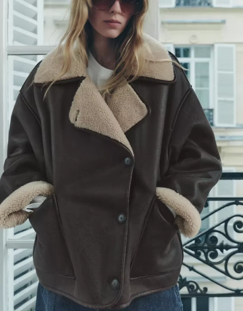Veste Femme en Cuir Véritable - Doublure Mouton - Coupe Oversize - Col Revers Chic