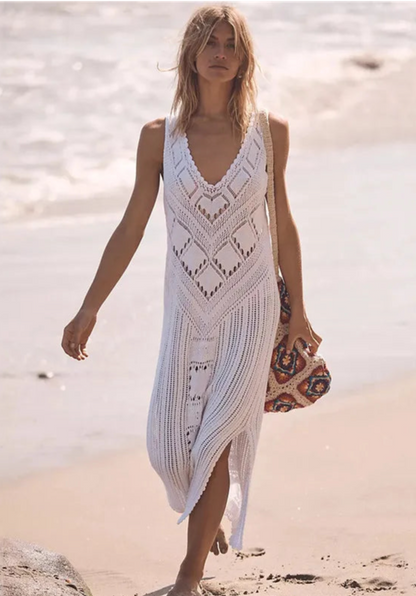 Robe femme – Coupe décontractée – Maille ajourée – Col V – Motif géométrique – Fente côté