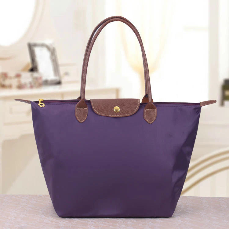 Sac Cabas Femme – Nylon Léger – Anses en Cuir – Grand Espace Rangement Polyvalent